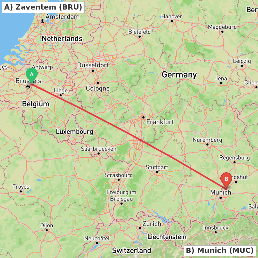 Flight route map from Zaventem to Munich