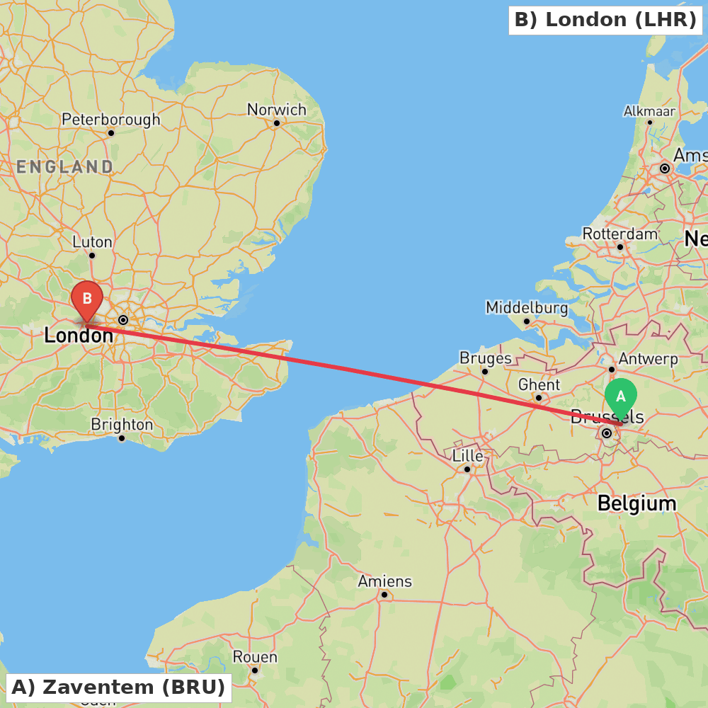 Flight route map from Zaventem to London