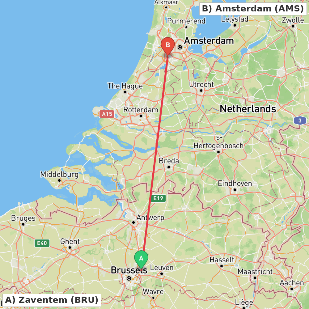 Flight route map from Zaventem to Amsterdam