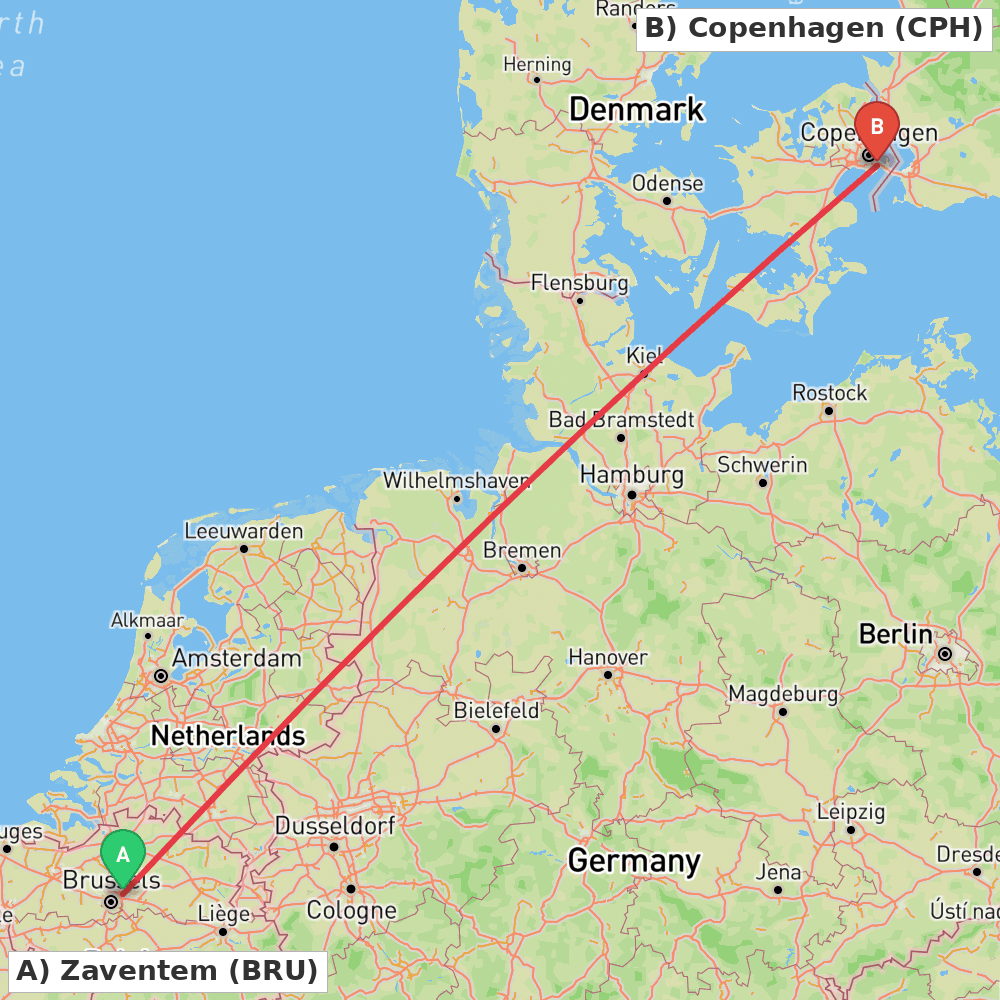Flight route map from Zaventem to Copenhagen