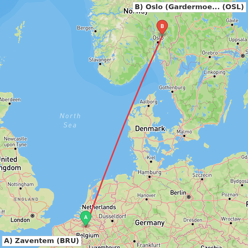 Flight route map from Zaventem to Oslo (Gardermoen)