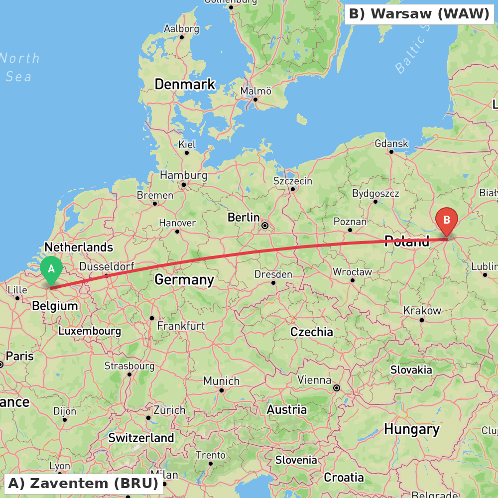 Flight route map from Zaventem to Warsaw