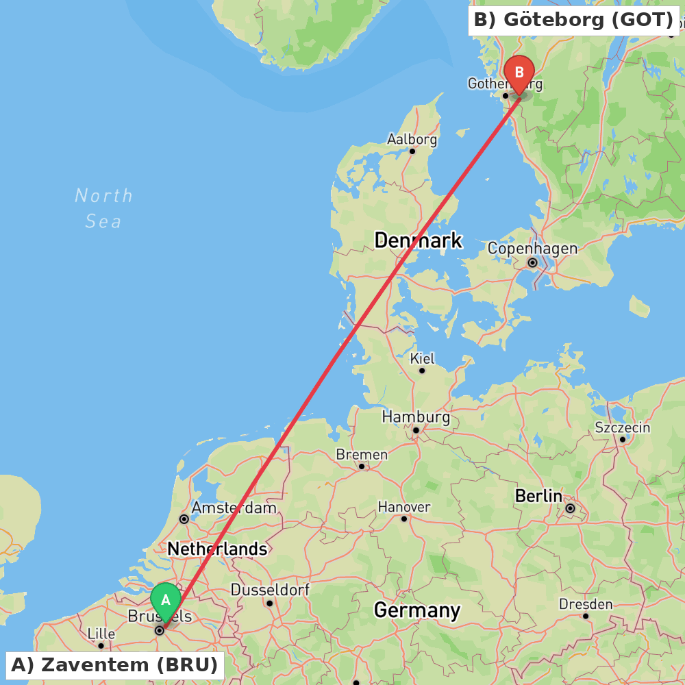Flight route map from Zaventem to Göteborg