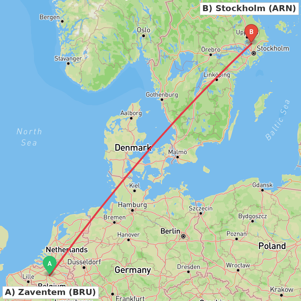 Flight route map from Zaventem to Stockholm