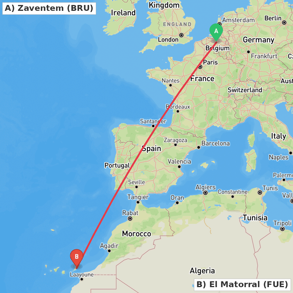 Flight route map from Zaventem to El Matorral