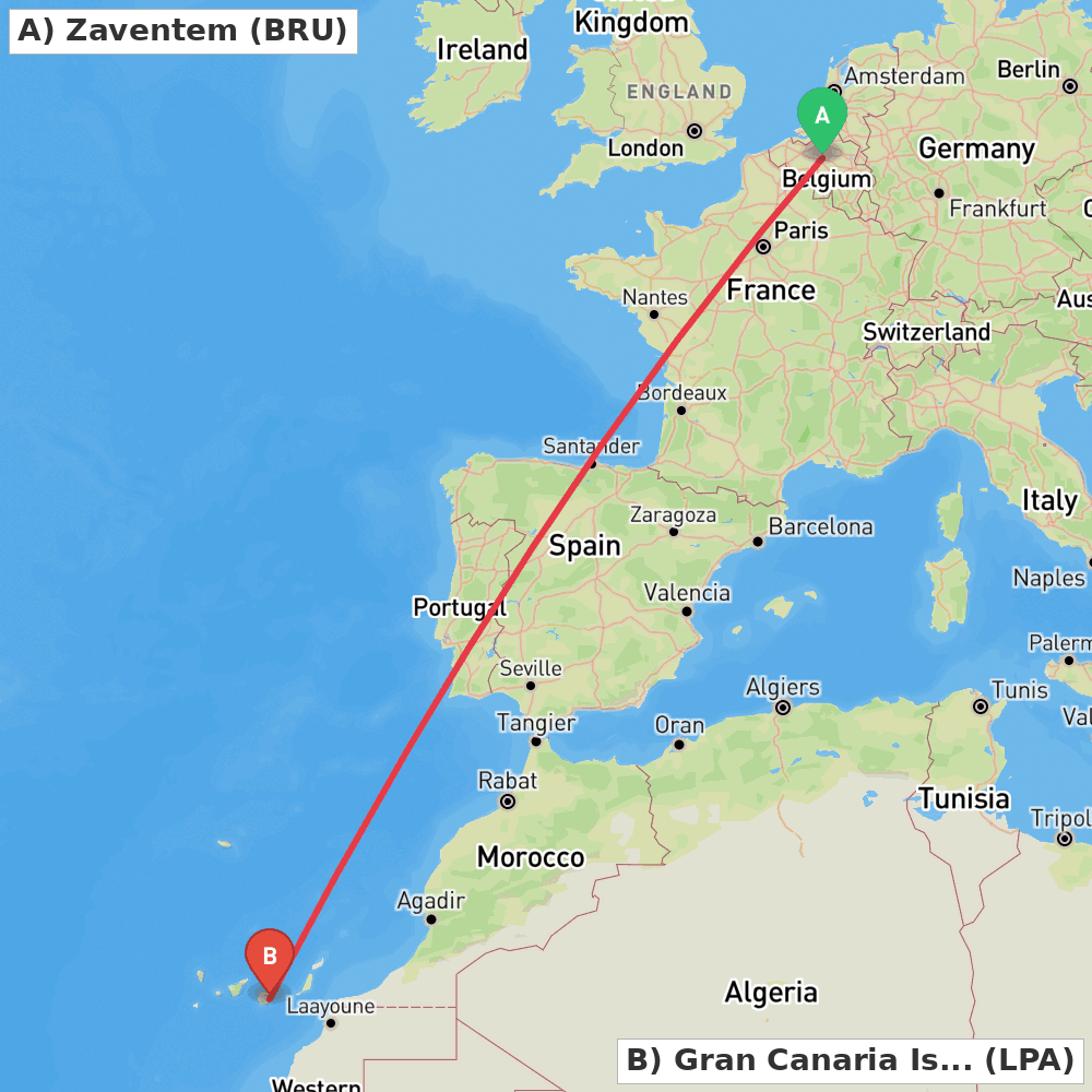 Flight route map from Zaventem to Gran Canaria Island
