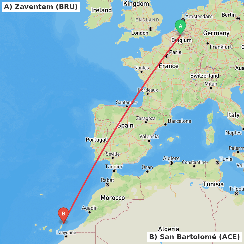 Flight route map from Zaventem to San Bartolomé