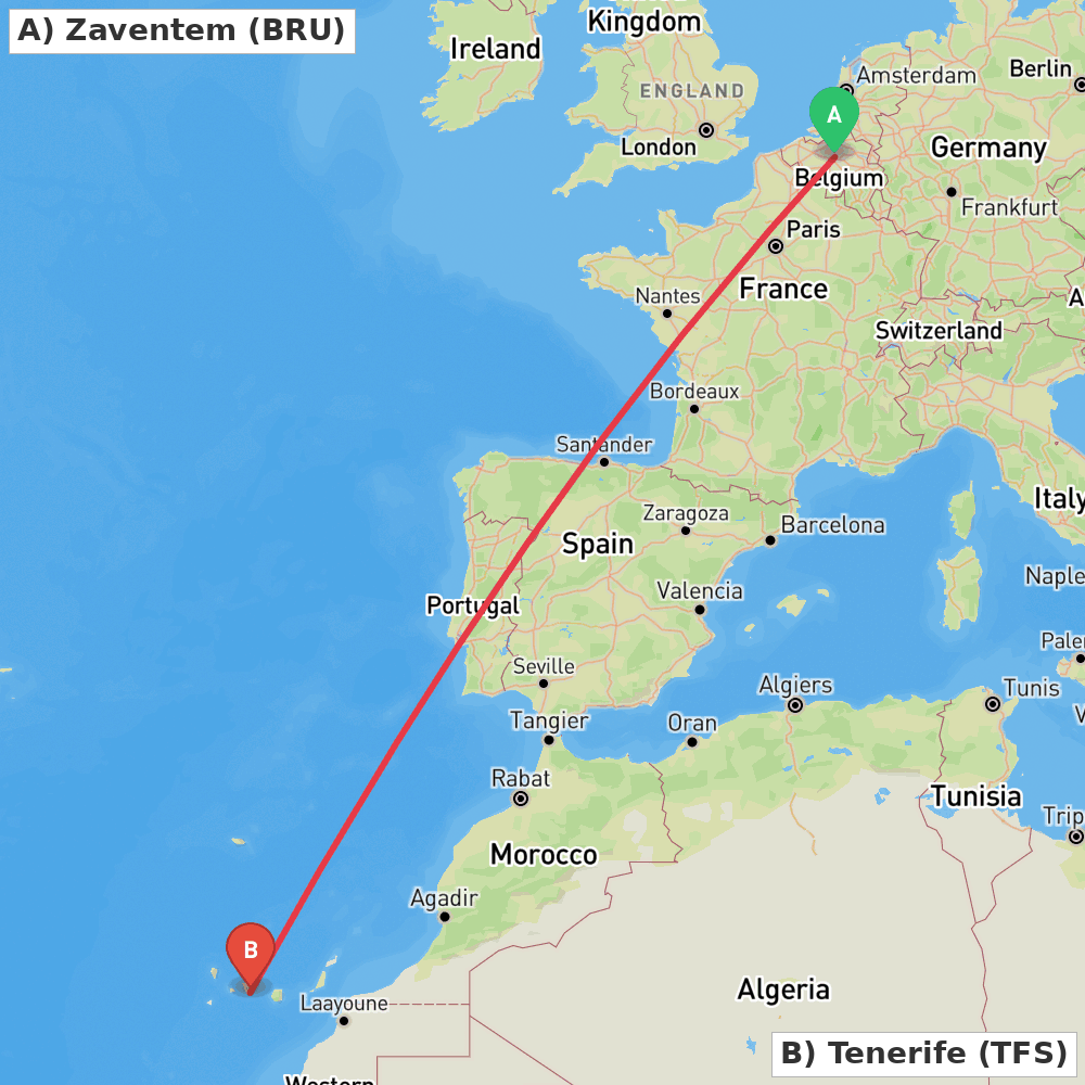 Flight route map from Zaventem to Tenerife