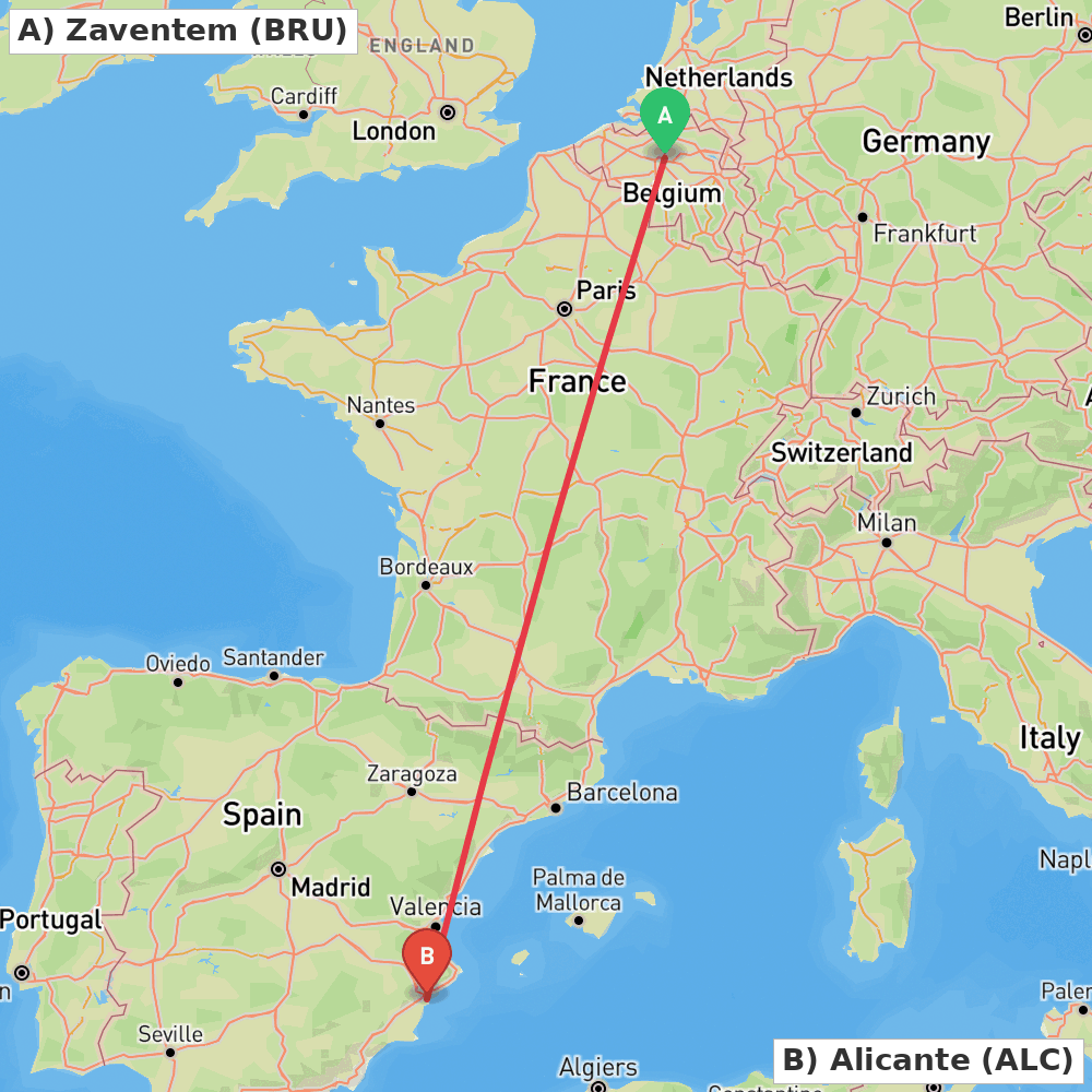 Flight route map from Zaventem to Alicante