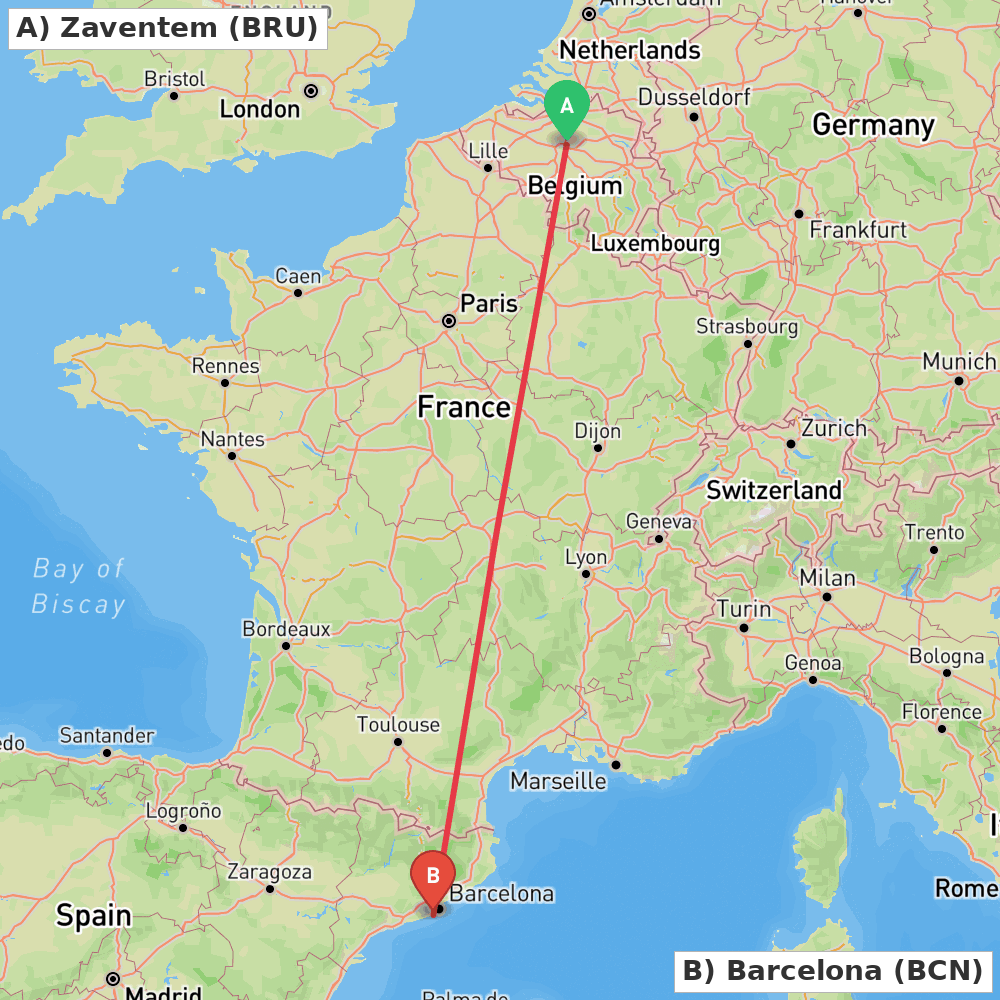 Flight route map from Zaventem to Barcelona