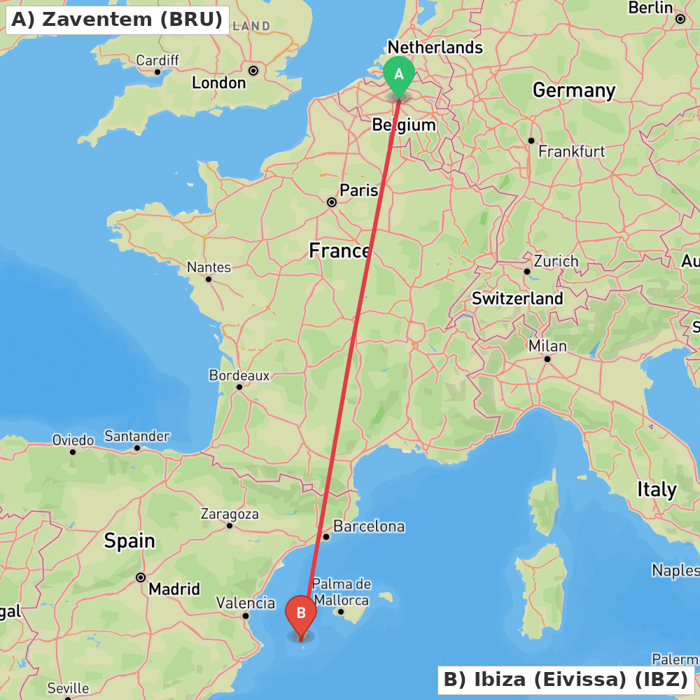 Flight route map from Zaventem to Ibiza (Eivissa)