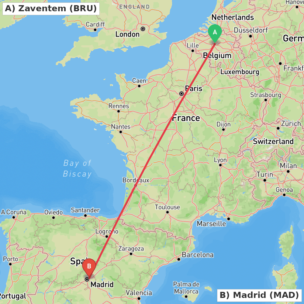 Flight route map from Zaventem to Madrid