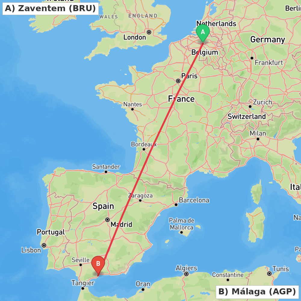 Flight route map from Zaventem to Málaga