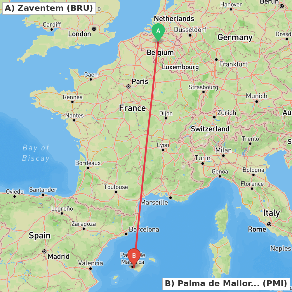 Flight route map from Zaventem to Palma de Mallorca