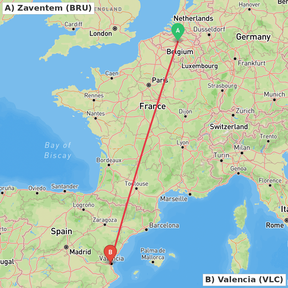 Flight route map from Zaventem to Valencia