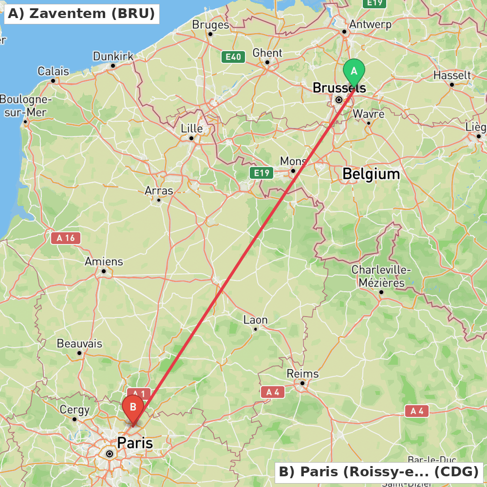 Flight route map from Zaventem to Paris (Roissy-en-France, Val-d'Oise)