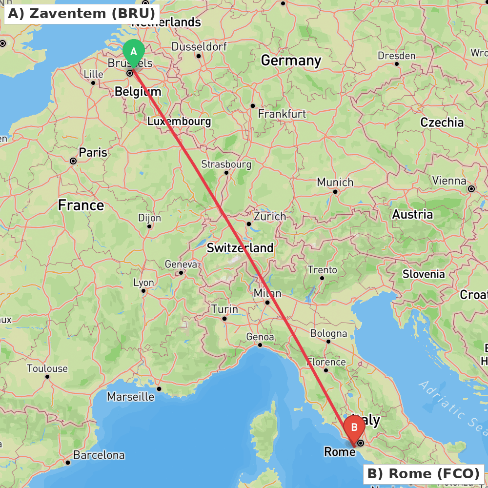 Flight route map from Zaventem to Rome