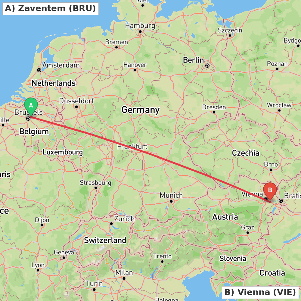 Flight route map from Zaventem to Vienna