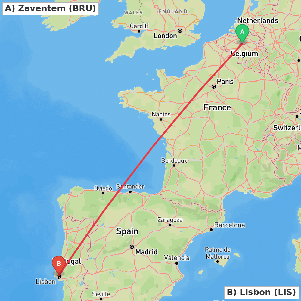Flight route map from Zaventem to Lisbon