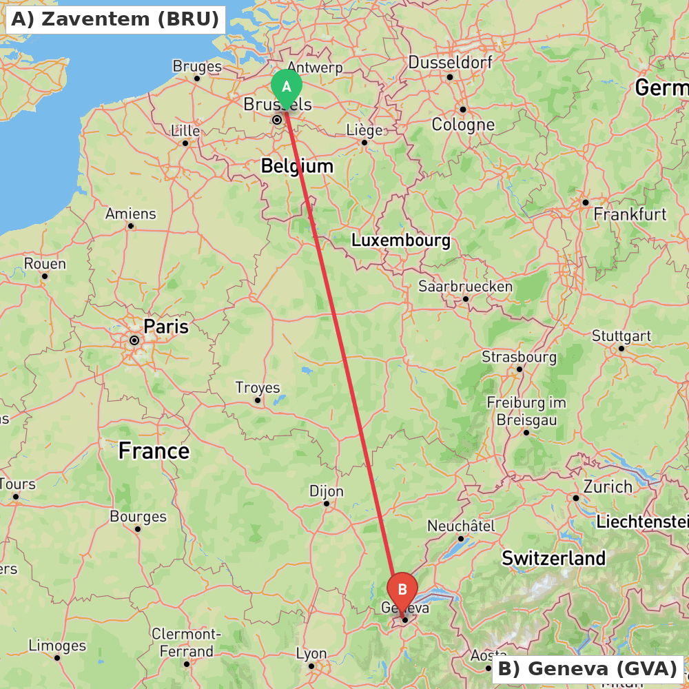Flight route map from Zaventem to Geneva