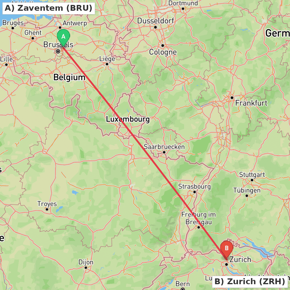 Flight route map from Zaventem to Zurich