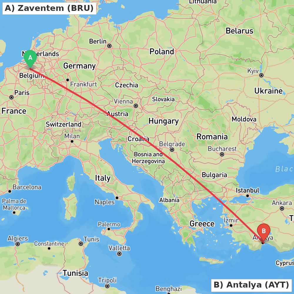 Flight route map from Zaventem to Antalya