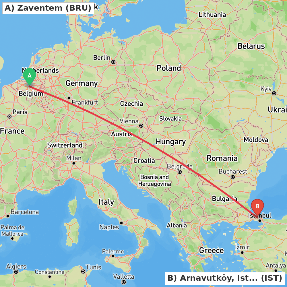 Flight route map from Zaventem to Arnavutköy, Istanbul