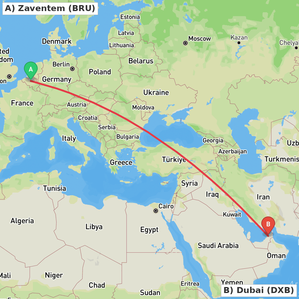 Flight route map from Zaventem to Dubai
