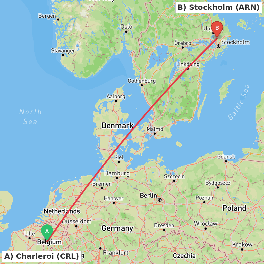 Flight route map from Charleroi to Stockholm
