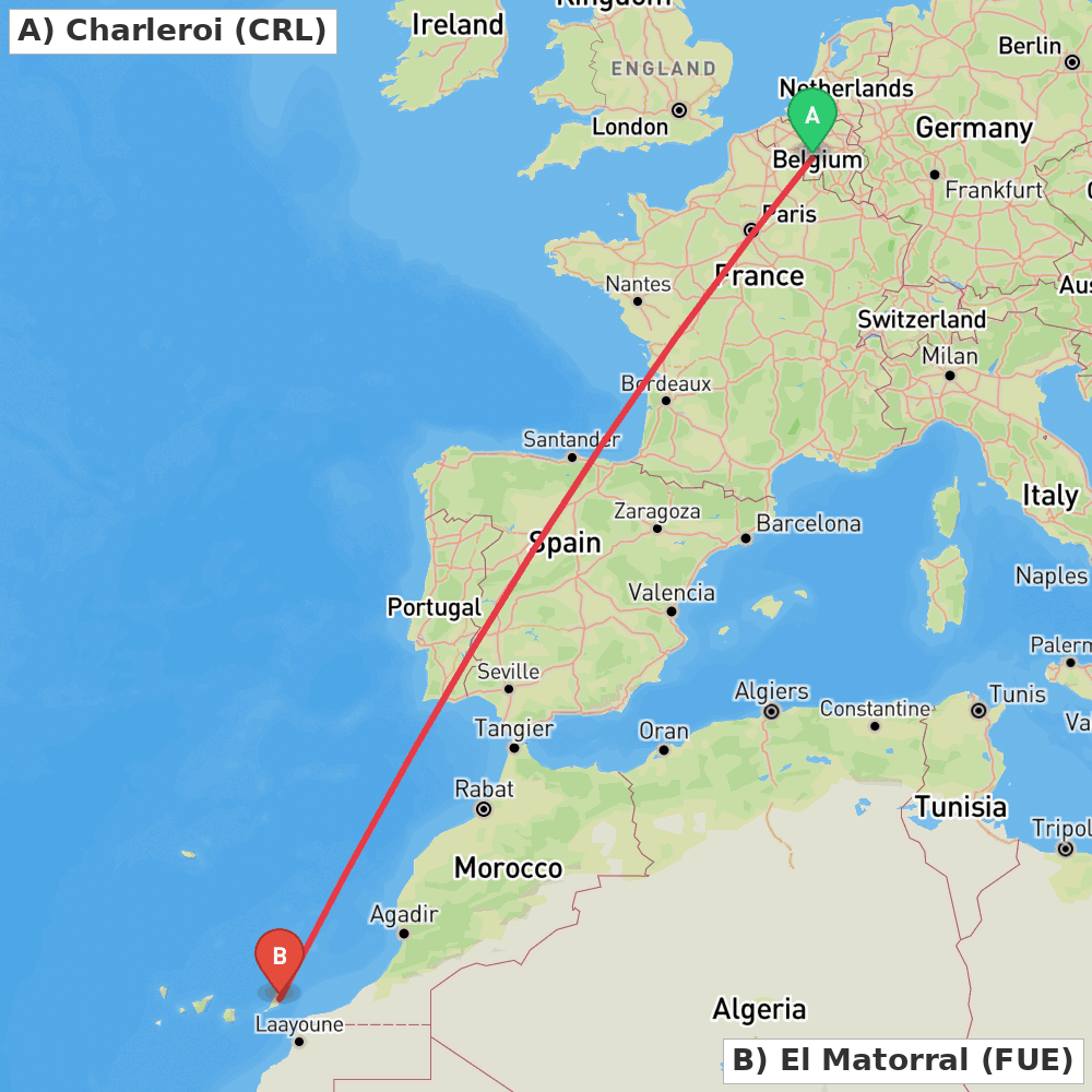 Flight route map from Charleroi to El Matorral