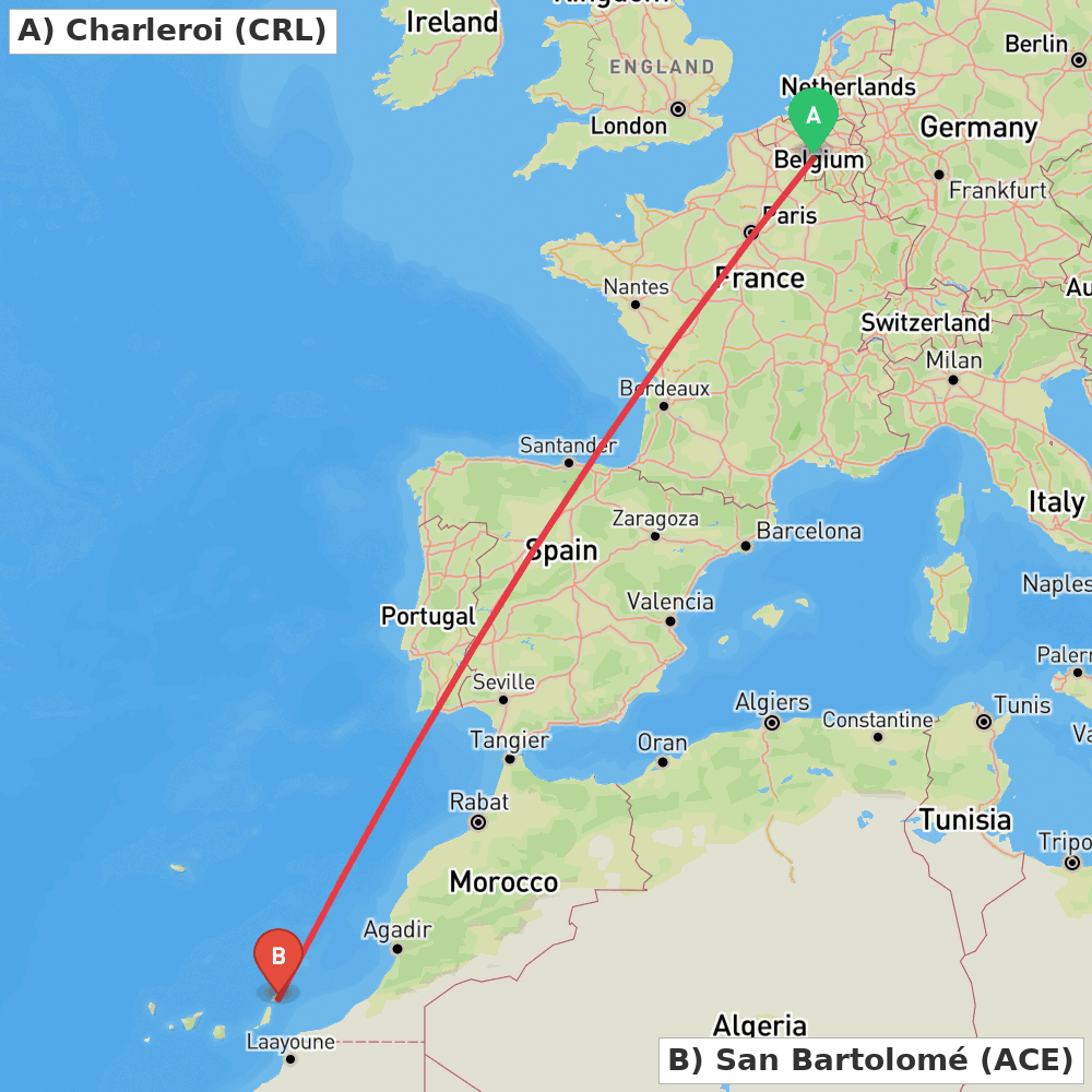 Flight route map from Charleroi to San Bartolomé