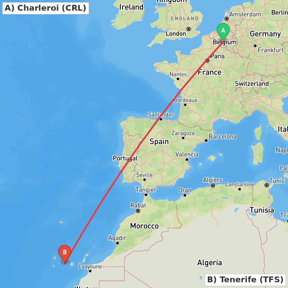 Flight route map from Charleroi to Tenerife