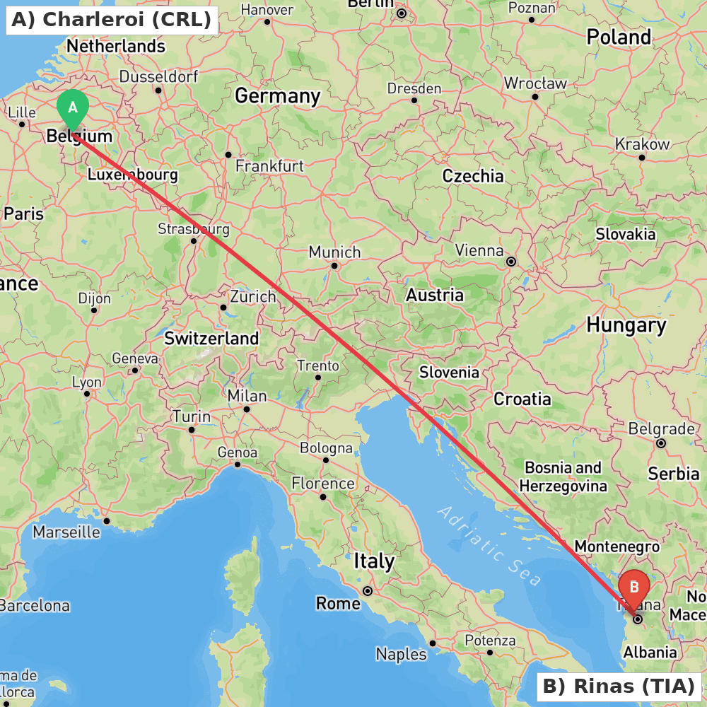 Flight route map from Charleroi to Rinas
