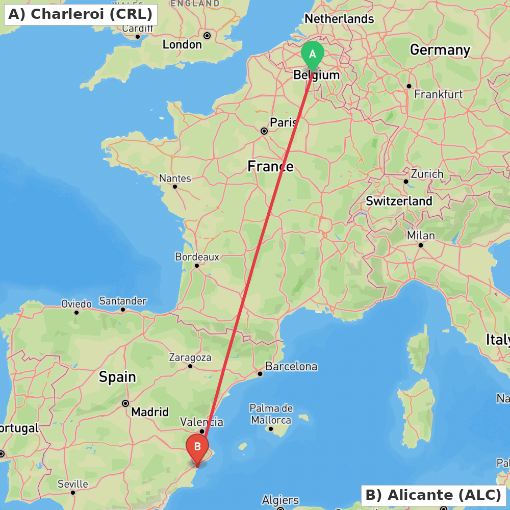 Flight route map from Charleroi to Alicante