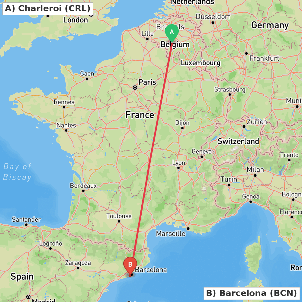 Flight route map from Charleroi to Barcelona