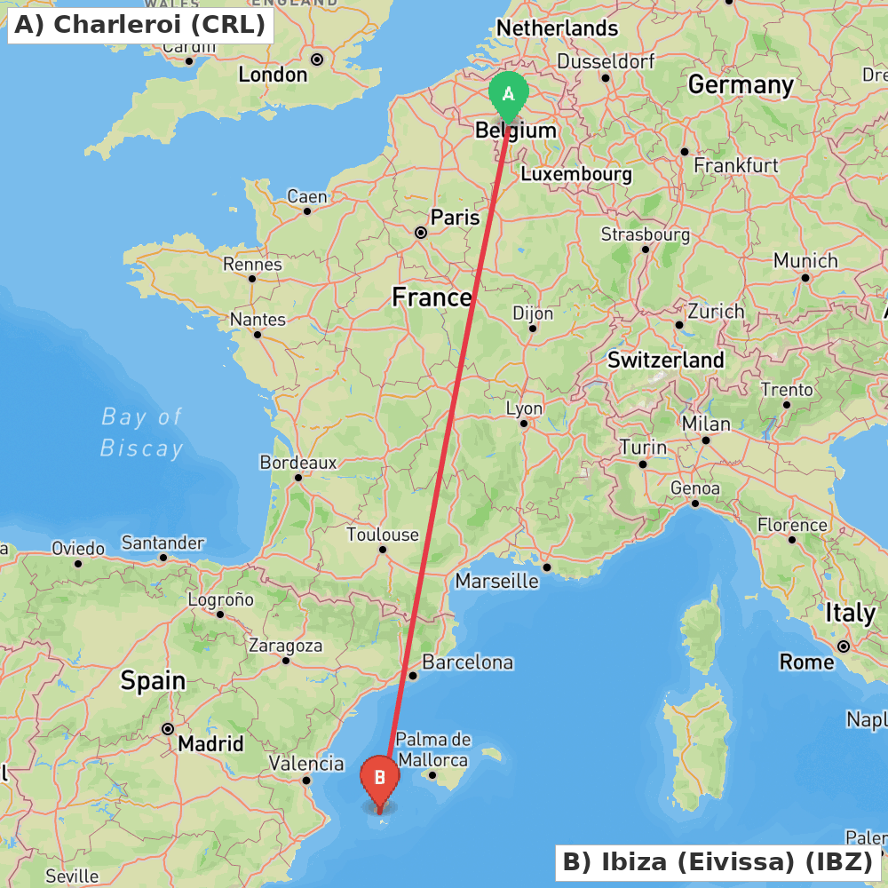 Flight route map from Charleroi to Ibiza (Eivissa)