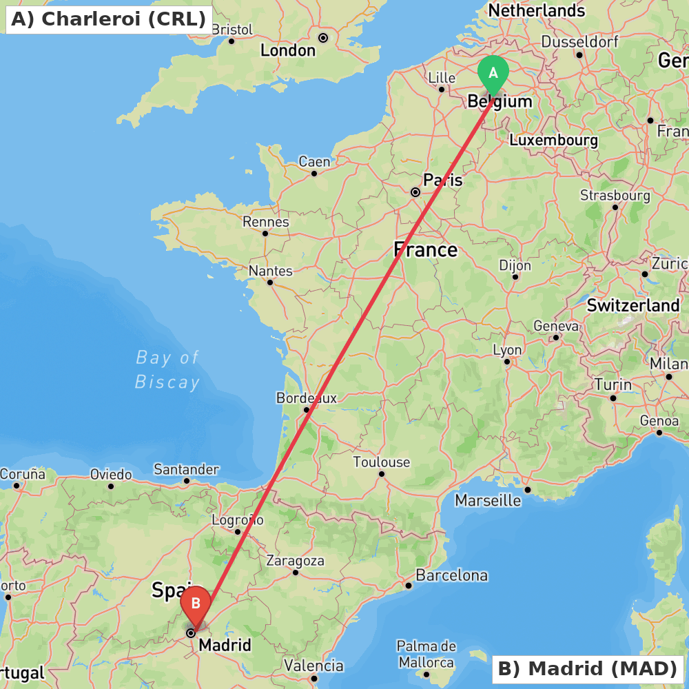 Flight route map from Charleroi to Madrid