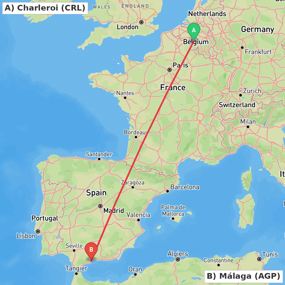 Flight route map from Charleroi to Málaga