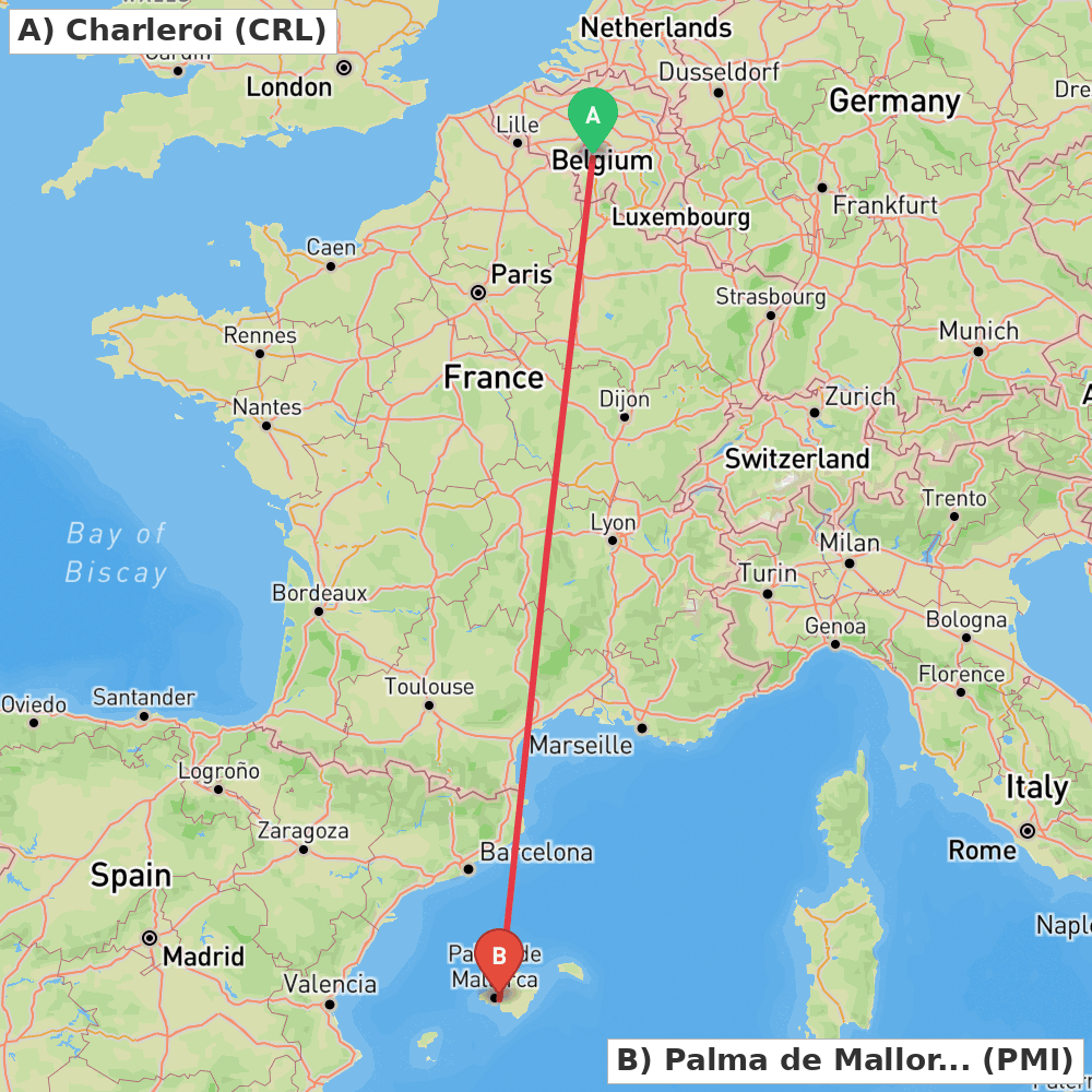 Flight route map from Charleroi to Palma de Mallorca