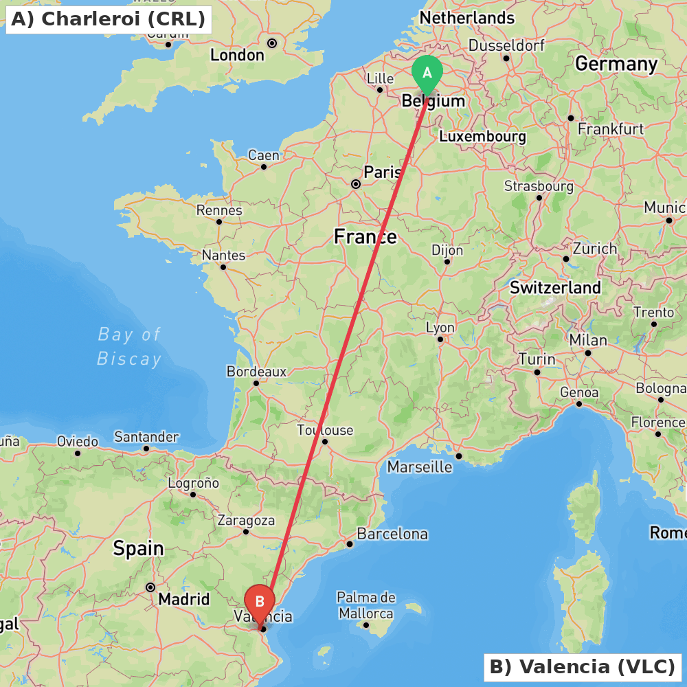 Flight route map from Charleroi to Valencia