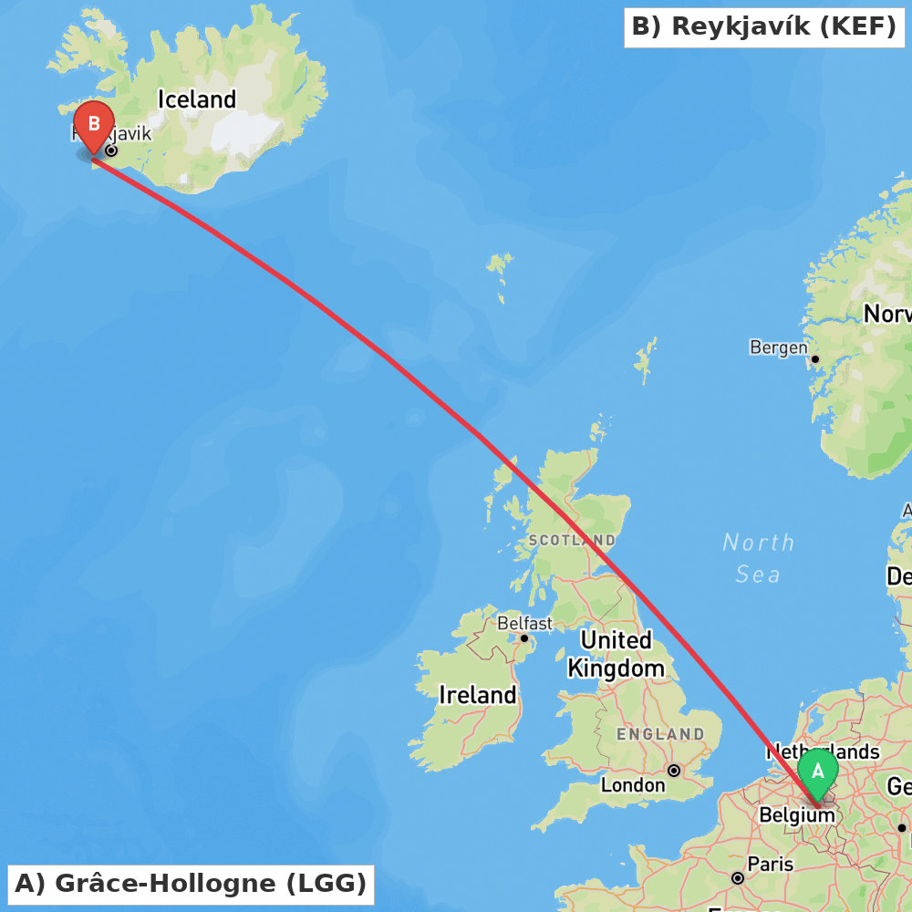 Flight route map from Grâce-Hollogne to Reykjavík