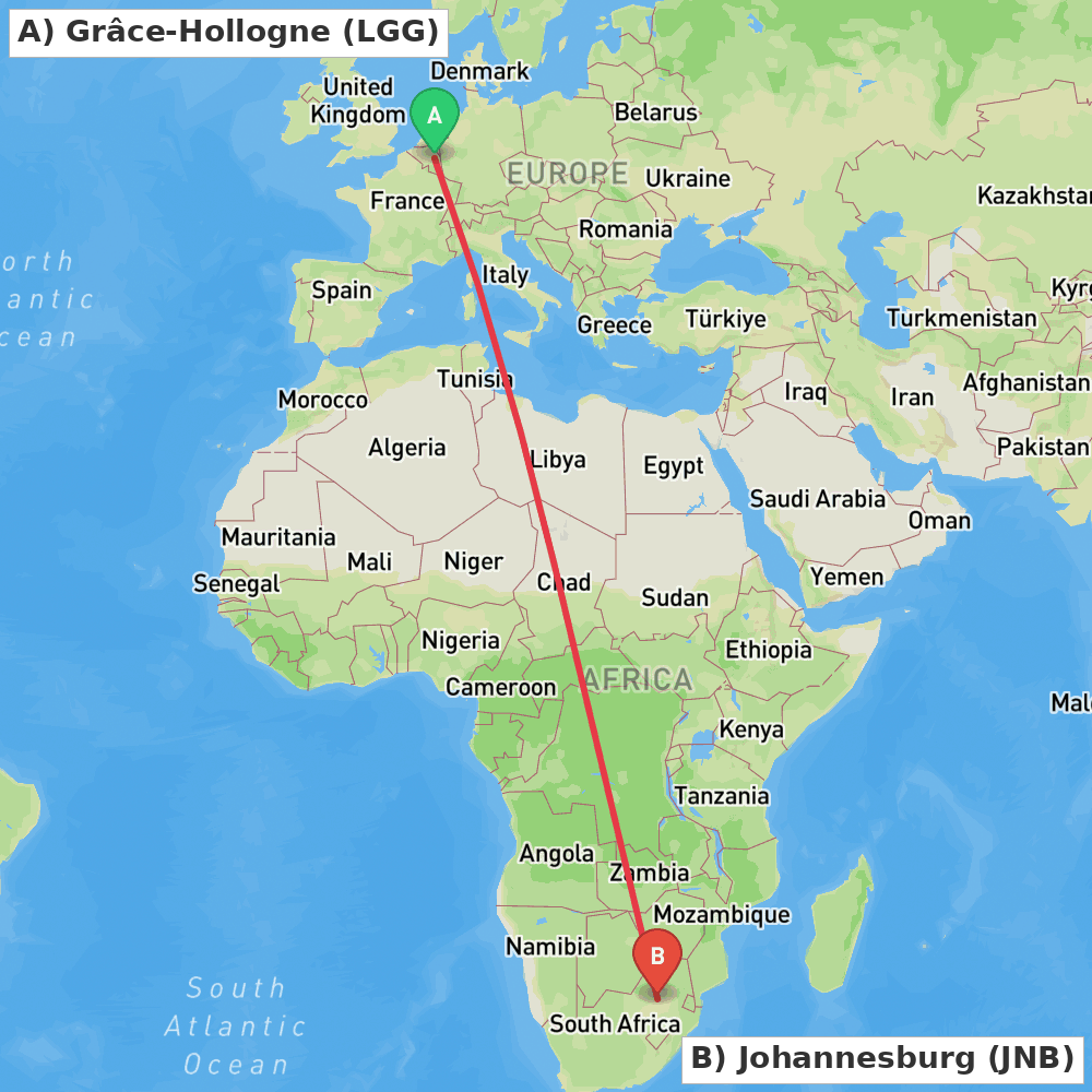 Flight route map from Grâce-Hollogne to Johannesburg