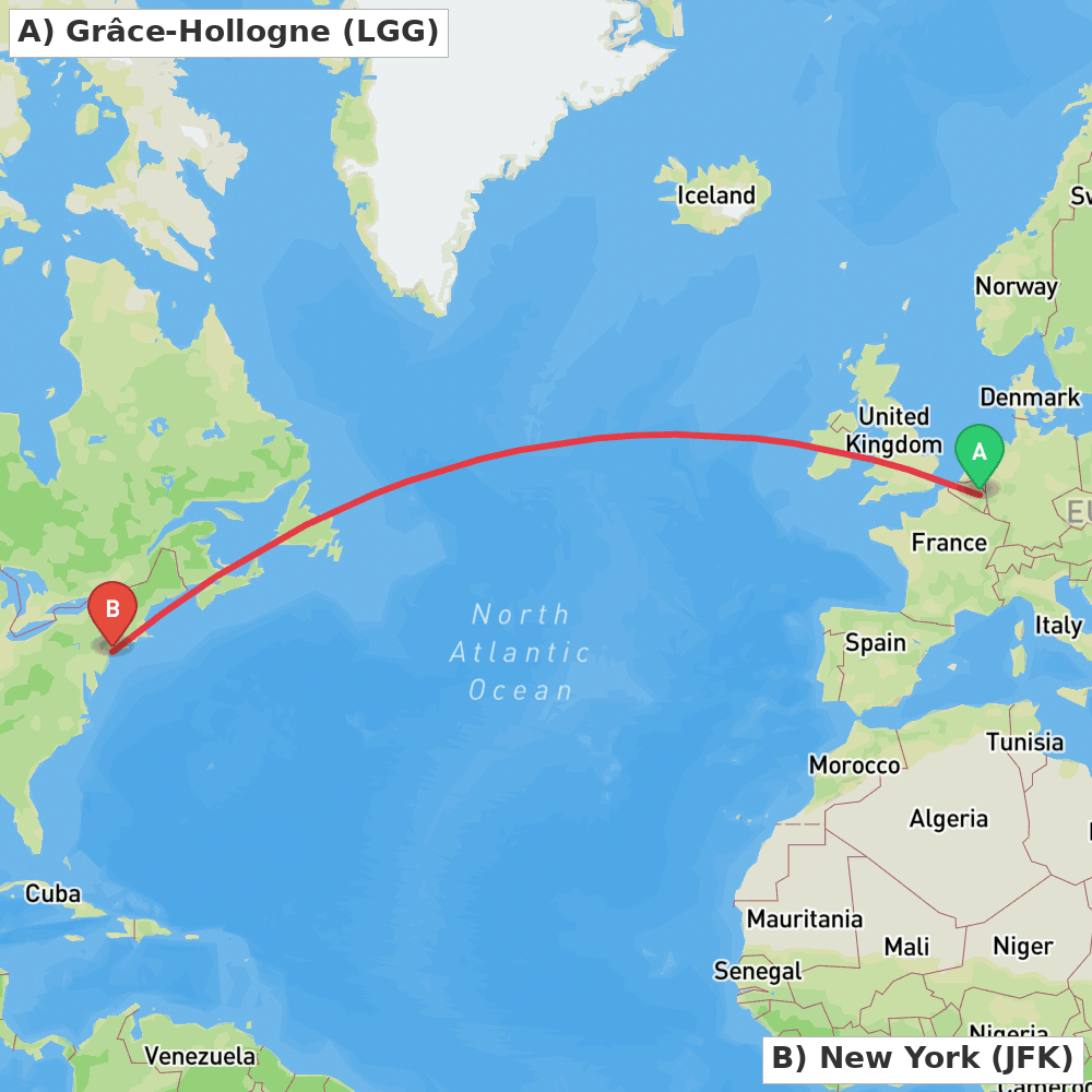 Flight route map from Grâce-Hollogne to New York