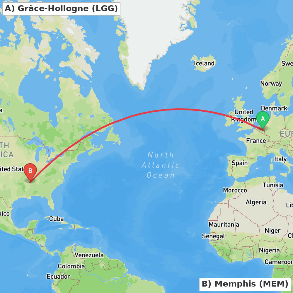 Flight route map from Grâce-Hollogne to Memphis