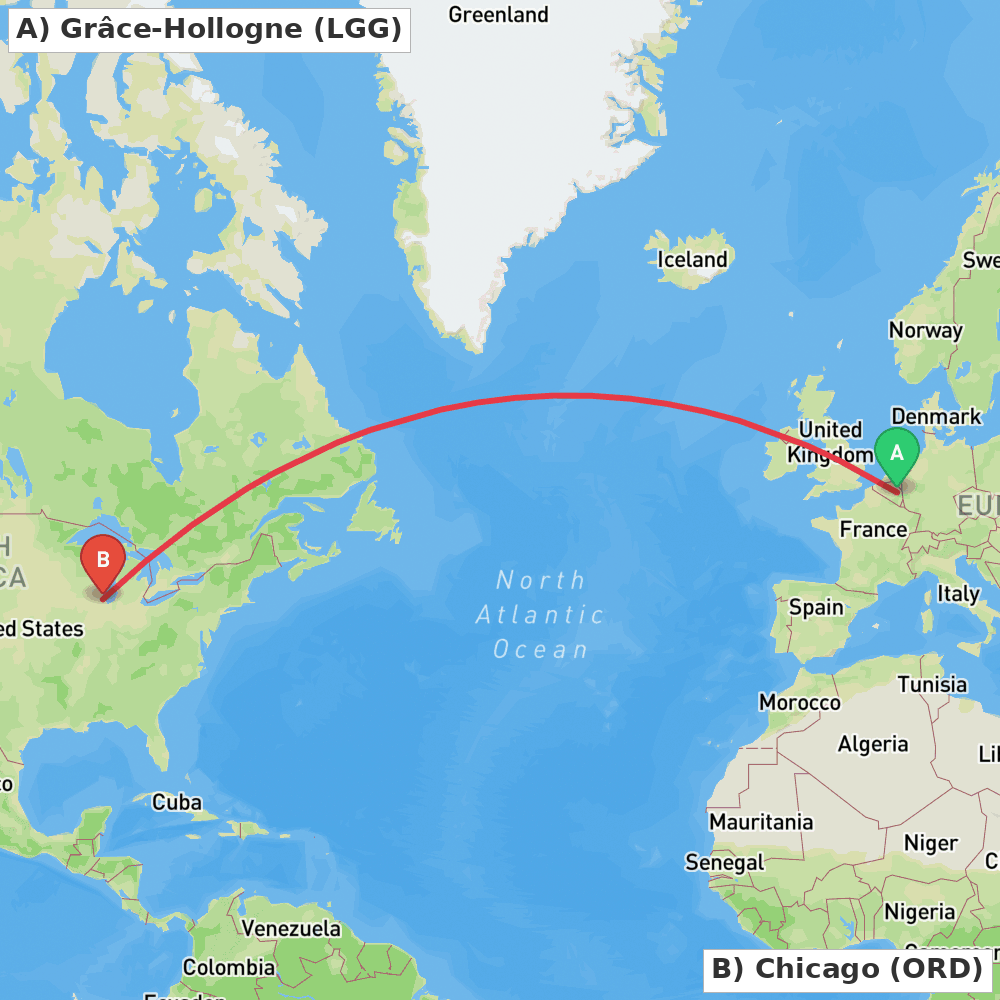 Flight route map from Grâce-Hollogne to Chicago