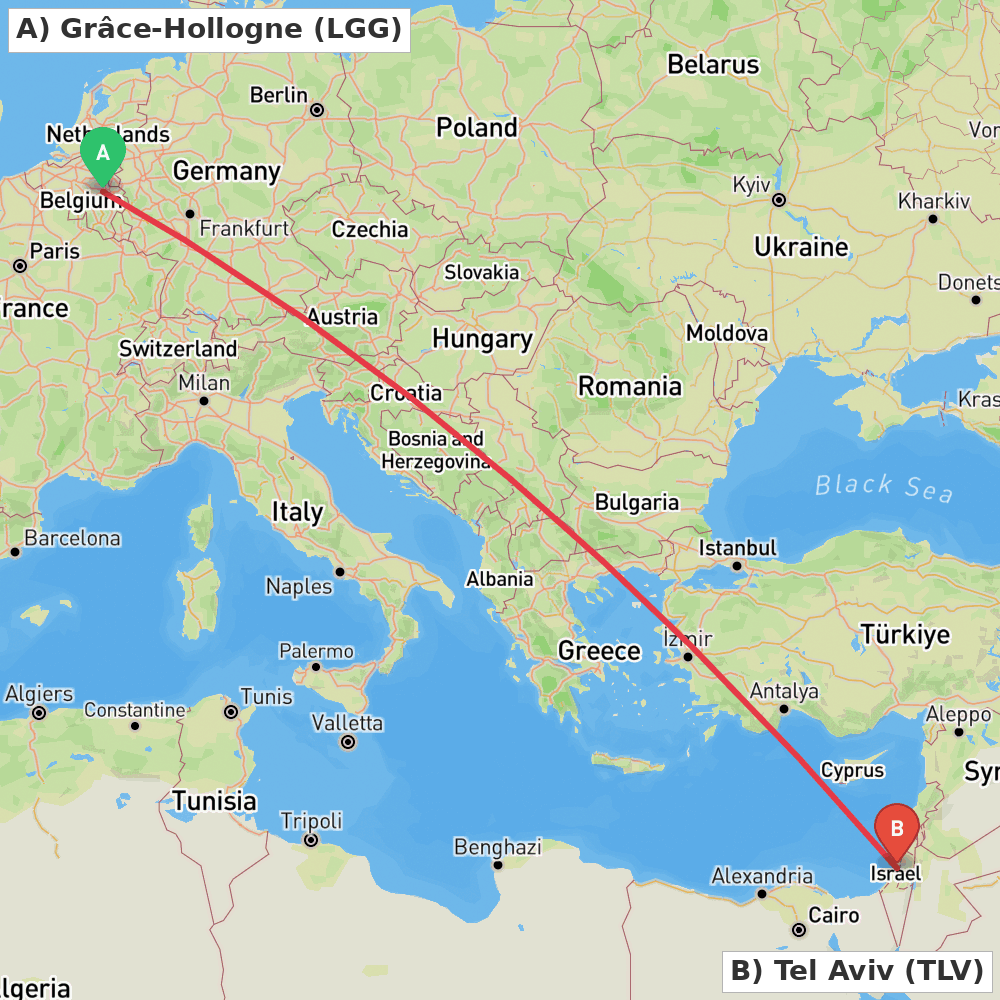 Flight route map from Grâce-Hollogne to Tel Aviv