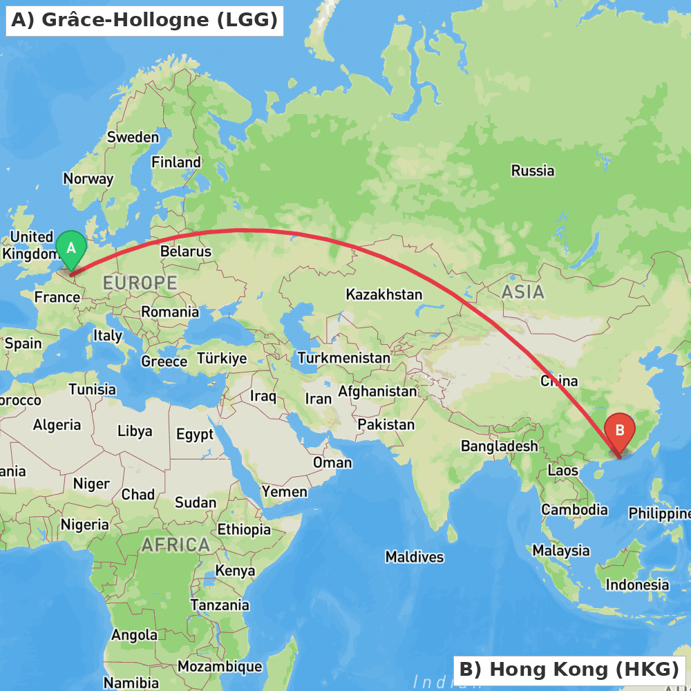 Flight route map from Grâce-Hollogne to Hong Kong