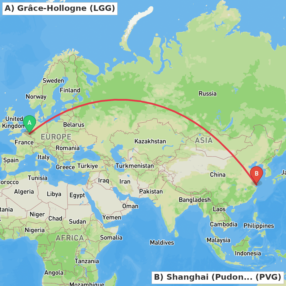 Flight route map from Grâce-Hollogne to Shanghai (Pudong)