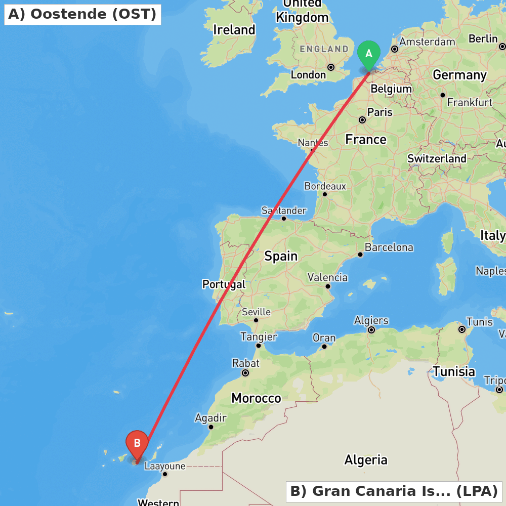Flight route map from Oostende to Gran Canaria Island