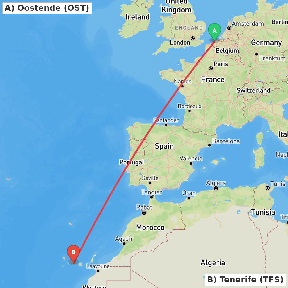 Flight route map from Oostende to Tenerife